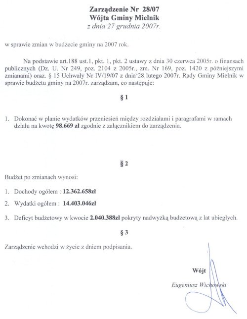 Zarządzenie Nr 28/07 Wójta Gminy Mielnik z dnia 27 grudnia 2007r. w sprawie zmian w budżecie gminy na 2007 rok.