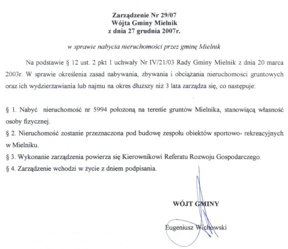 Zarządzenie Nr 29/07 Wójta Gminy Mielnik z dnia 27 grudnia 2007r. w sprawie nabycia nieruchomości przez gminę Mielnik