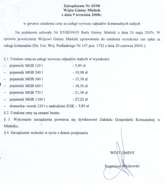 Zarządzenie Nr 45/08 Wójta Gminy Mielnik z dnia 9 września 2008r. w sprawie ustalenia ceny za usługi wywozu odpadów komunalnych stałych