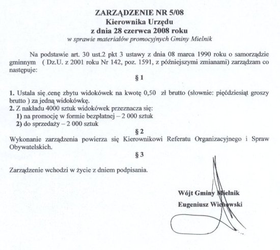 Zarządzenie nr 5/08 Kierownika Urzędu z dnia 28 czerwca 2008 roku w sprawie materiałów promocyjnych Gminy Mielnik