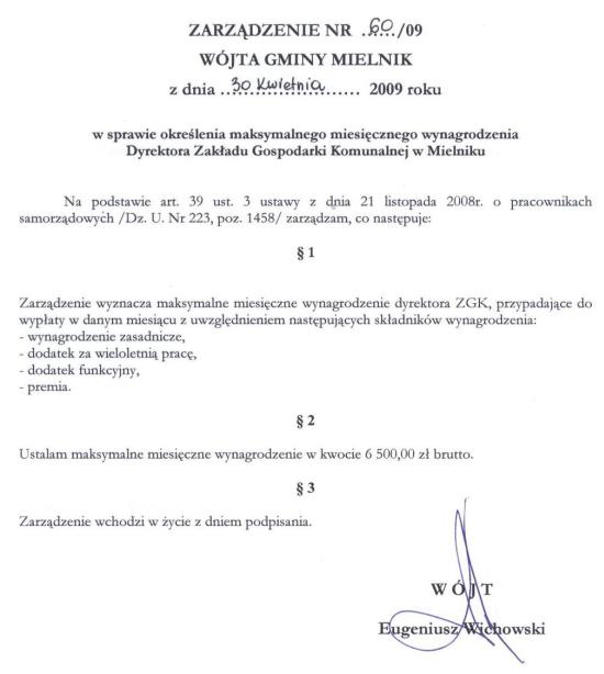 Zarządzenie nr 60/09 Wójta Gminy Mielnik z dnia 30 kwietnia 2009 roku w sprawie określenia maksymalnego miesięcznego wynagrodzenia Dyrektora Zakładu Gospodarki Komunalnej w Mielniku
