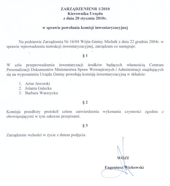 Zarządzenie nr 1/2010 Kierownika Urzędu z dnia 20 stycznia 2010r. w sprawie powołania komisji inwentaryzacyjnej