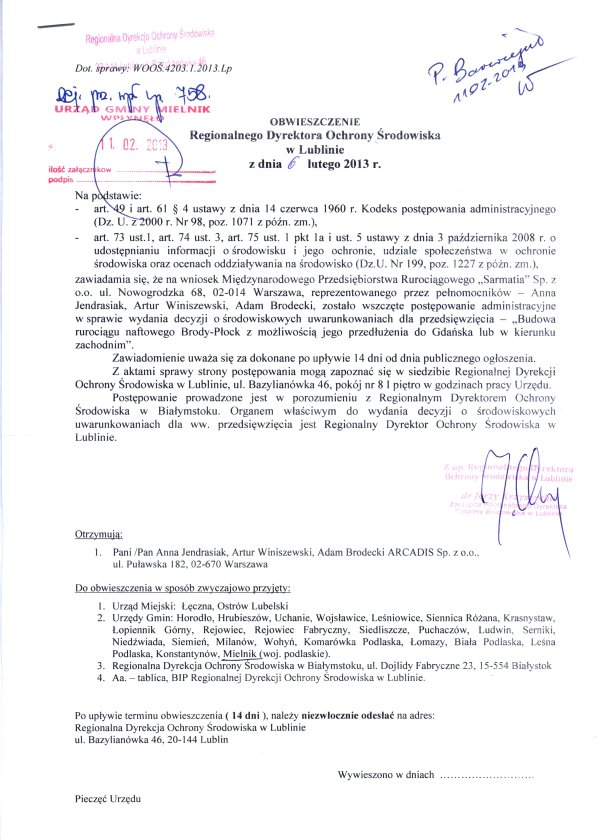 Obwieszczenie Regionalnego Dyrektora Ochrony Środowiska w Lublinie z dnia 6 lutego 2013 r.